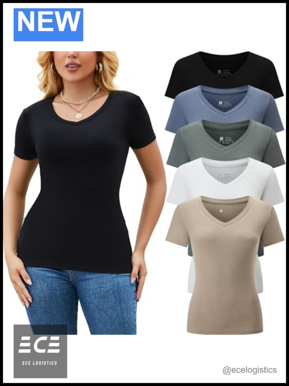 Women's V-Neck Short Sleeve Slim Fit Casual T-Shirts 5 Pack Polyester Spandex